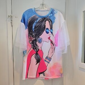 Colorful Graphic T-Shirt Dress with Sheer Sleeves S/ M